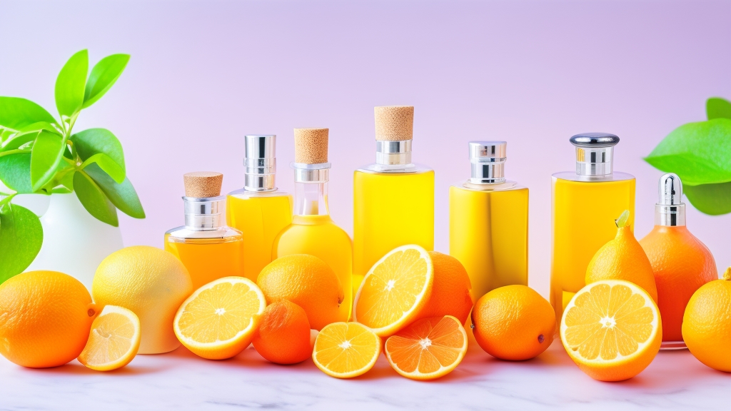 Friss citrusfélék és parfümüvegek elrendezése citrom, narancs, bergamot és grapefruit elegáns kölnisüvegekkel