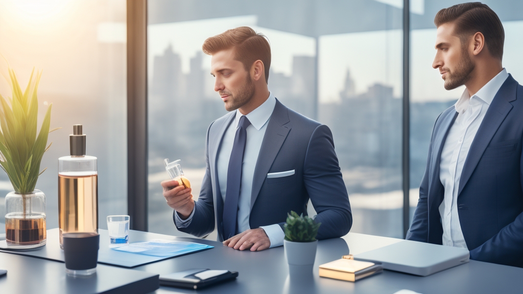 Professzionális üzletember EDT kölni alkalmazása modern irodai környezetben reggeli rutinként