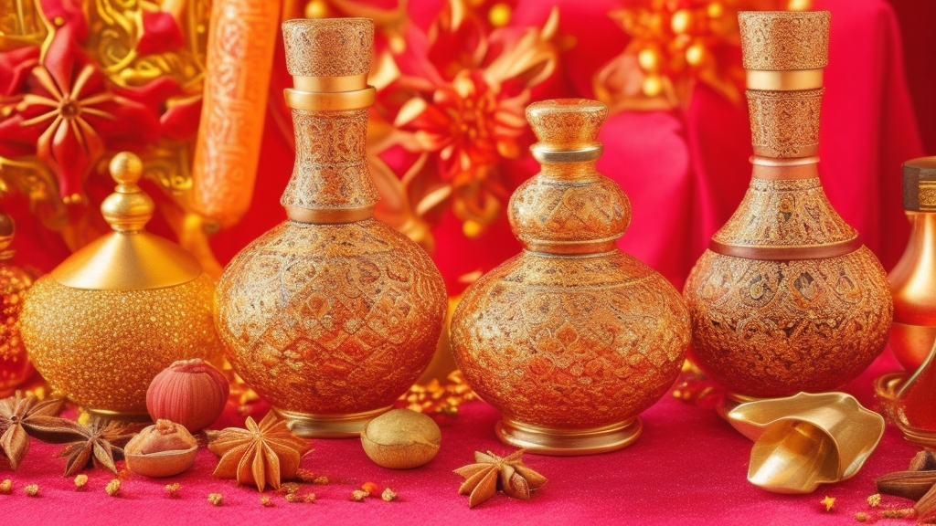 Keleti fűszerek és luxus parfümüvegek sáfrány szálakkal kardamom hüvelyekkel fahéj rudakkal díszített közel-keleti stílusú üvegekkel