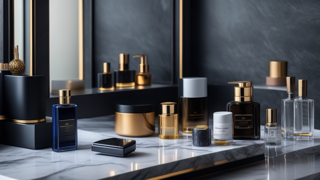 Kifinomult férfi fésülködőasztal több parfüm üveggel elegánsan elrendezve márványfelületen parfüm keveréshez